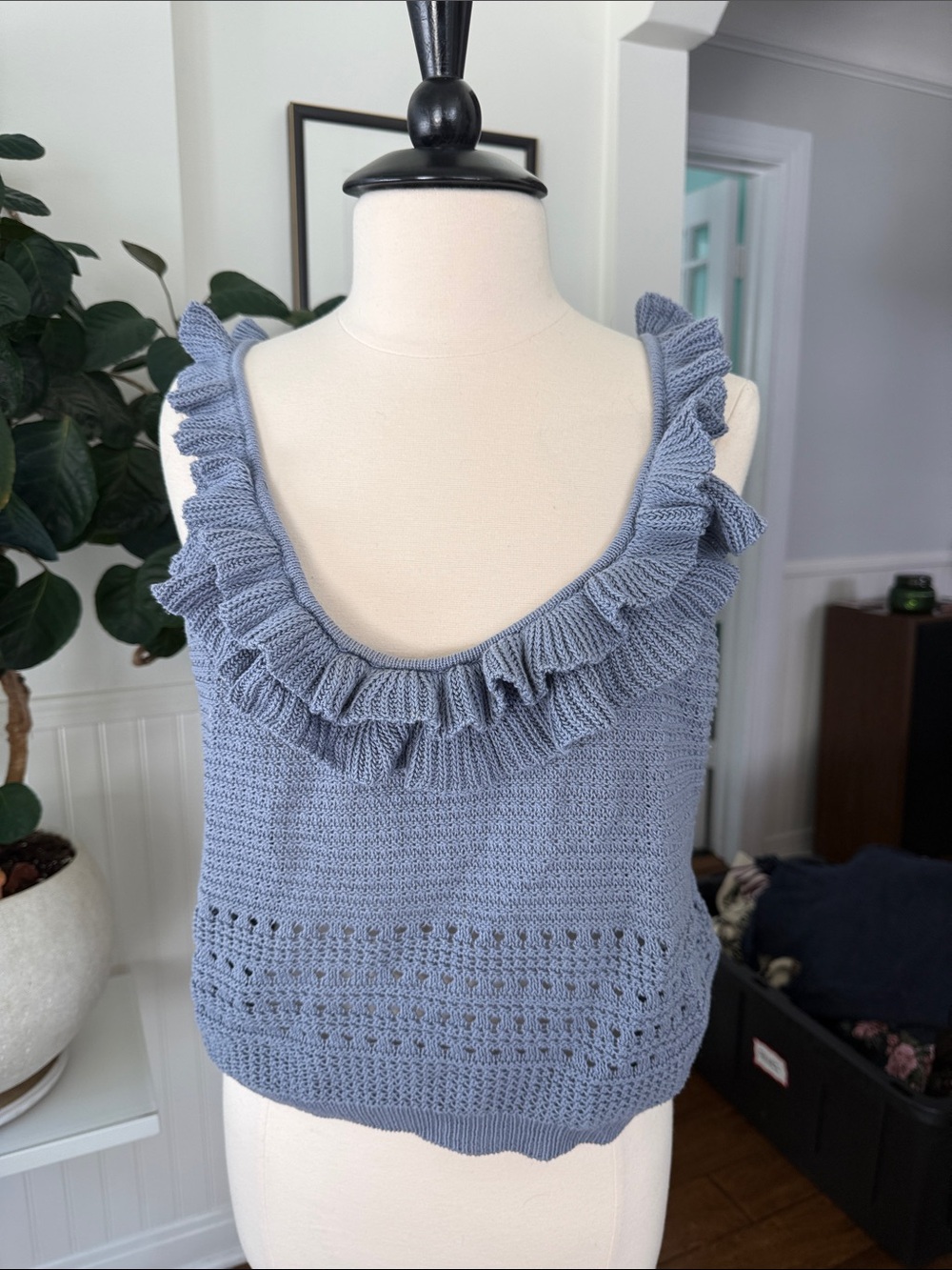 7 For All Mankind Ruffled Scoop Knit Tank in Dusty Blue